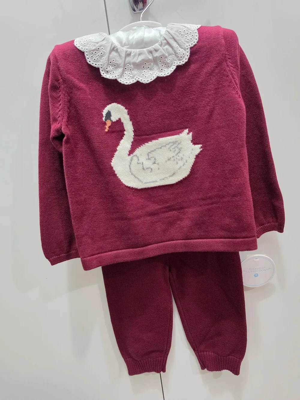 Kids Burgundy Swan Knit Set with White Collar